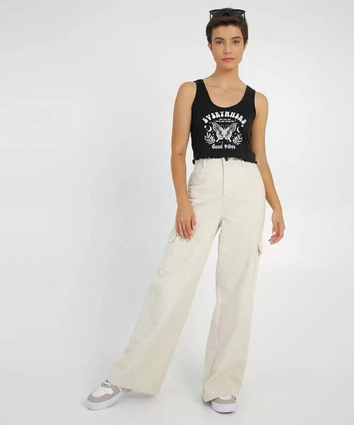 Blusa Lecimar Regata Cropped Feminina Canelada Estampa Frontal - Imagem 5
