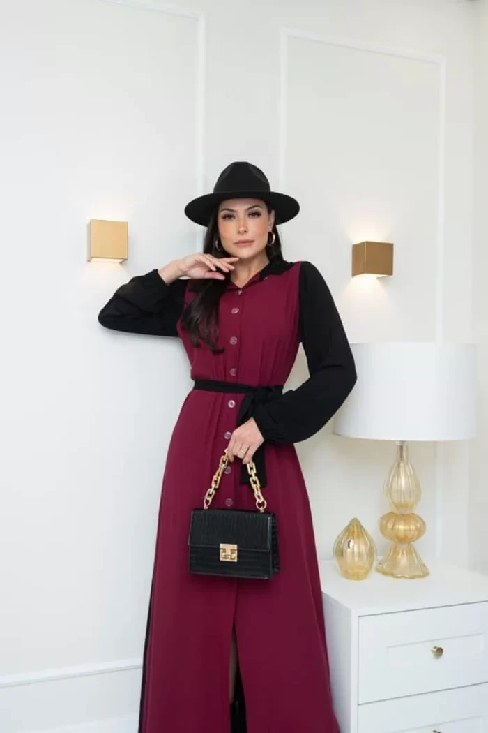 CHAMISE INGRID DUAS CORES - VISCOLINHO - PRETO C/ MARSALA