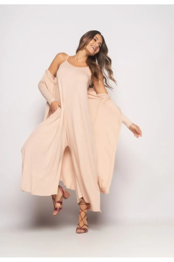 CONJUNTO MACACÃO PANTALONA E KIMONO MALHA BEGE SALVATORE
