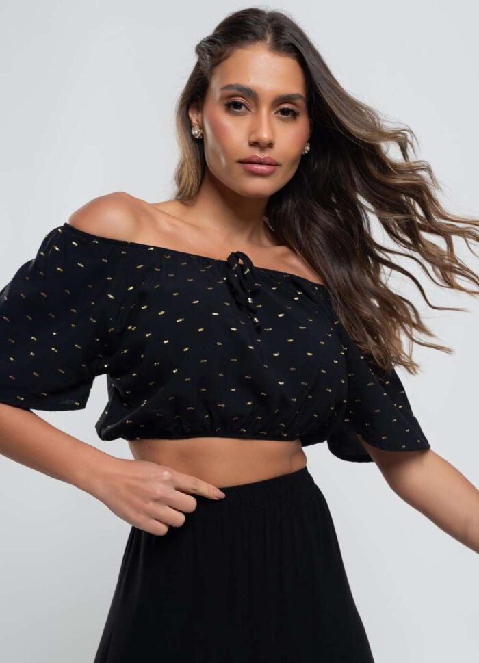Cropped　blusa Ciganinha Lurex Salvatore Fashion