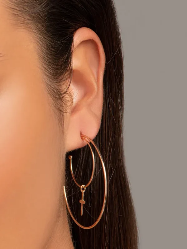 Rommanel-BRINCO MEIA ARGOLA DUPLA BANHADO A OURO 18K COM CRUZ - TAM.ÚNICO