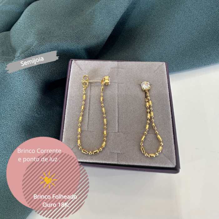 Brinco  Chain Com Riviera Zirconias Brancas Banho Ouro Semi Joia - Imagem 2