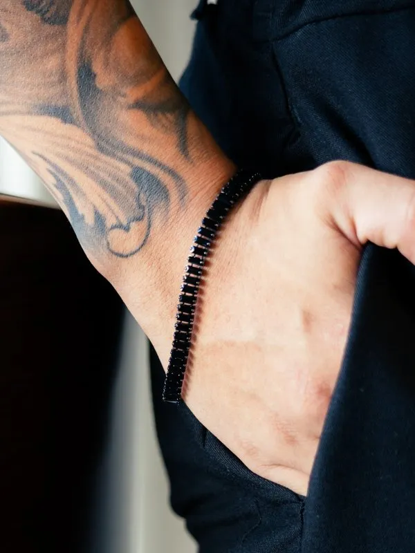 Pulseira Masculina Riviera Retangular Preta folheado em ródio negro-Pedras Pretas
