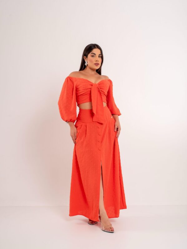 Conjunto Botao Lori -Cropped e Saia  longa luxo