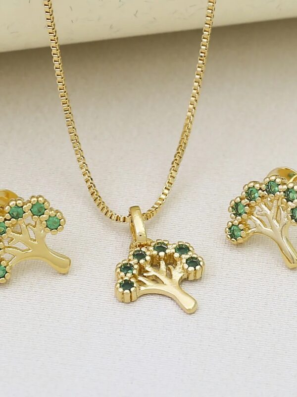 Conjunto Árvore da Vida Cravejada Zircônias Folheado Ouro 18K