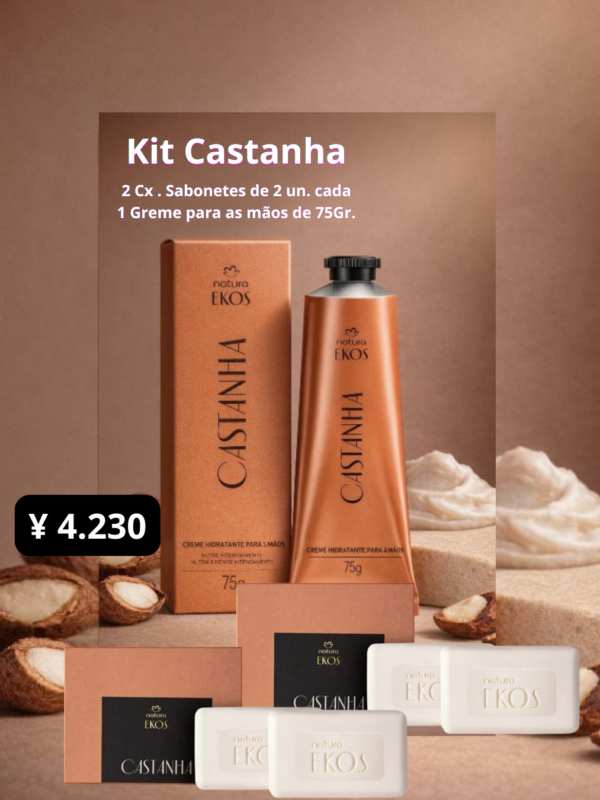 Kit Castanha 2 caixa de sabonetes com 2un cada/Creme para as mãos e unhas de 75 gramas