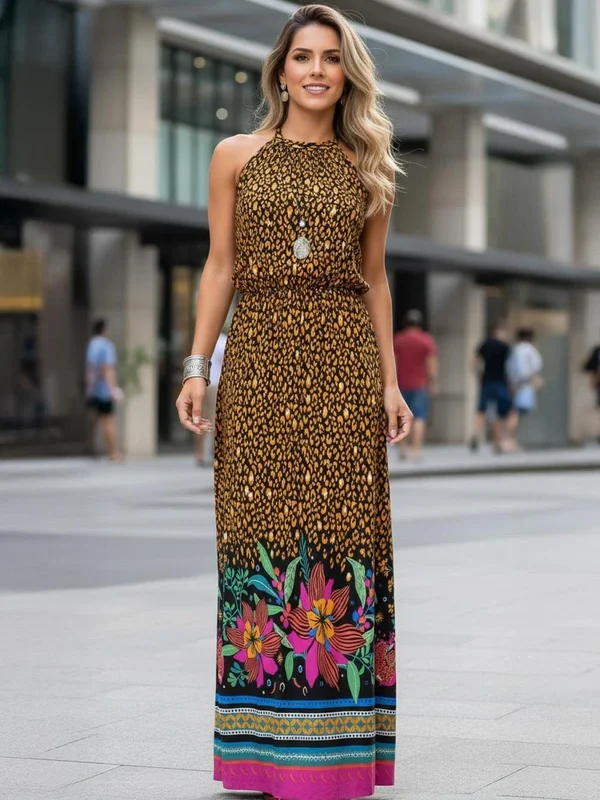 Quintess- Vestido Onça Floral em Malha de Viscose