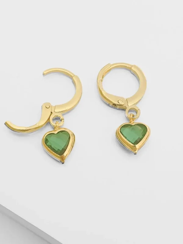 Brinco Argolinha com Pedrinha de Coração Verde  Agua banhada a Ouro 18k