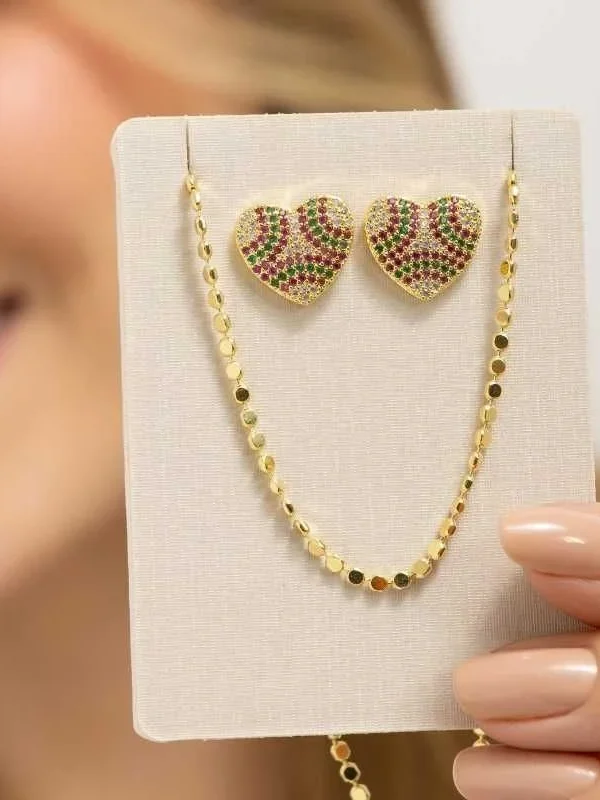 CONJUNTO COLAR BOLINHAS DIAMANTADAS E BRINCO CORACÃO ZIRCÔNIAS -Semijoia