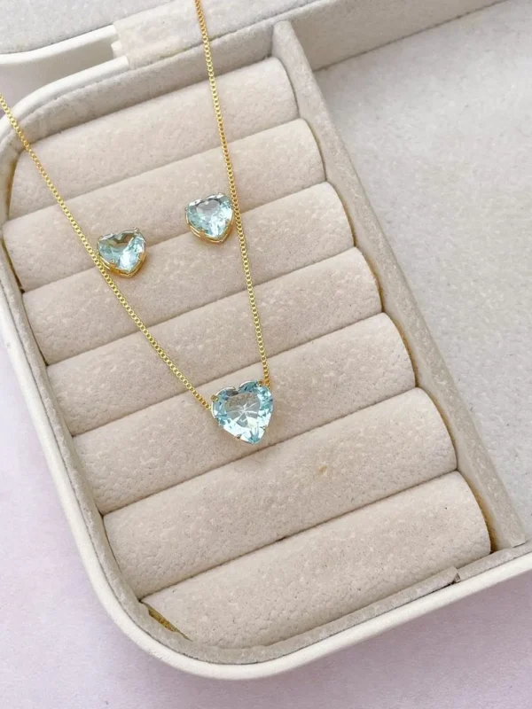 CONJUNTO COLAR E BRINCO ZIRCÔNIA PONTO DE LUZ AZUL-Semijoia
