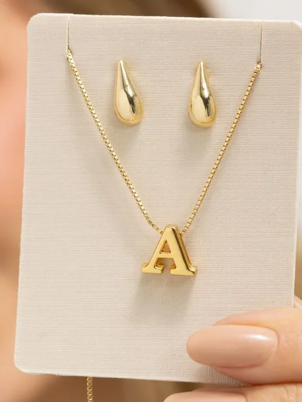 Semijoia - conjunto colar letras  inicial passador e brinco gotinha