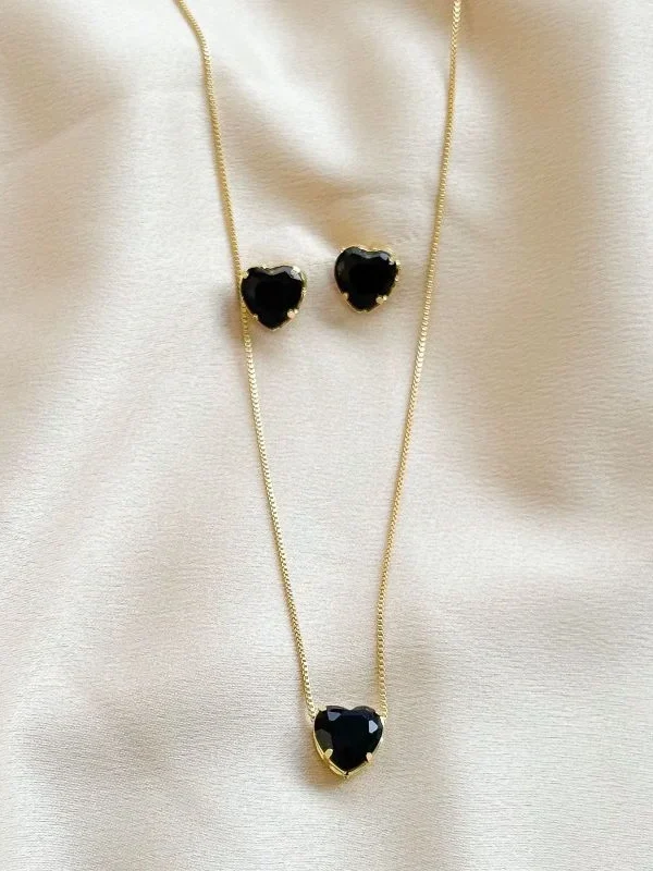 CONJUNTO COLAR E BRINCO ZIRCÔNIA PONTO DE LUZ  Preta-Semijoia