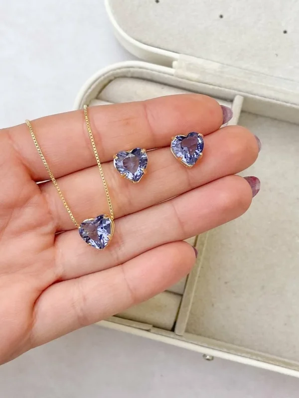 CONJUNTO ZIRCÔNIA CORAÇÃO COLAR + BRINCO ROXO/LILÁS- Semijoia