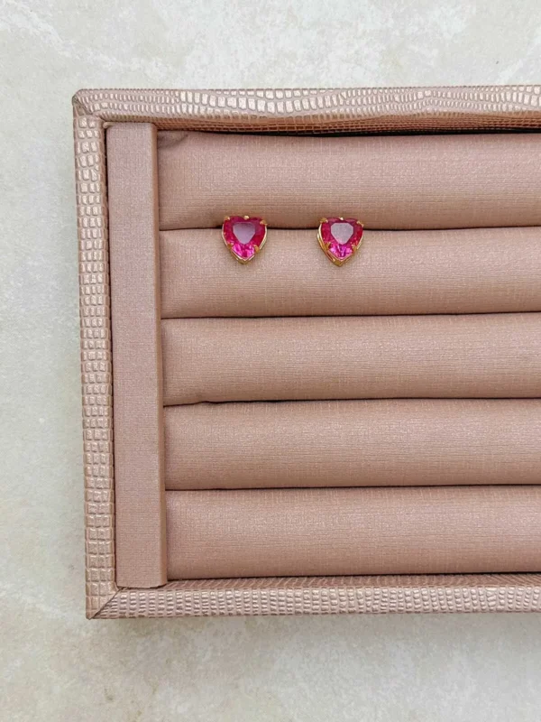 Brinco Semijoia coracao e zirconia rosa