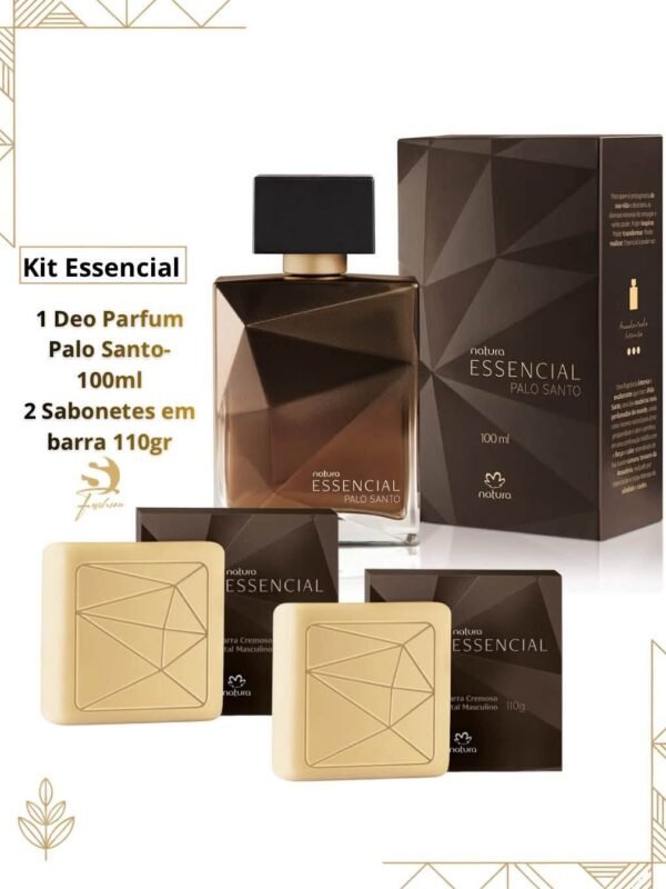 Kit Essencial- Essencial Palo Santo Deo Parfum  100ml  2 Sabonetes  Barra Essencial Tradicional 110g cada