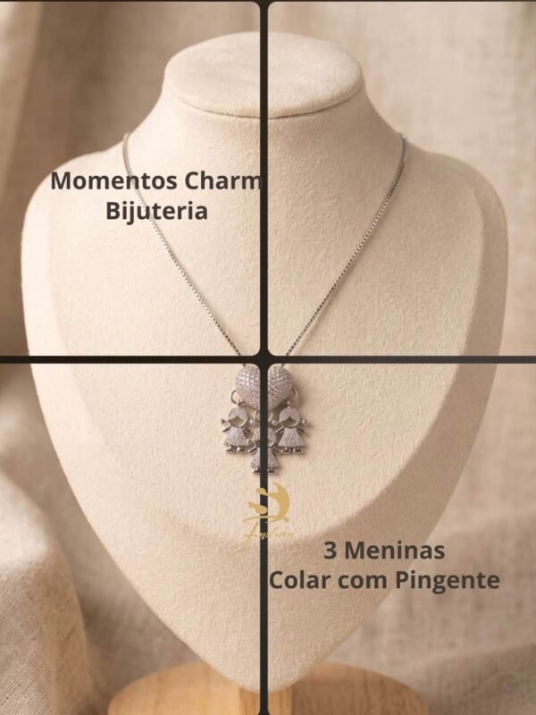 Colar Prateado Cravejado Bijuteria-3 meninas