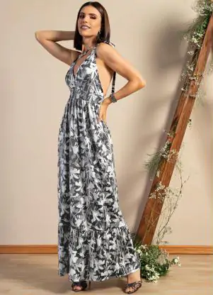 Vestido Longo Floral Cinza com Alças e Babado