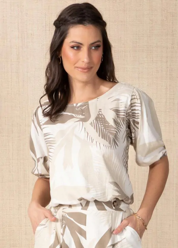 Blusa Folhagem Bege com Elástico