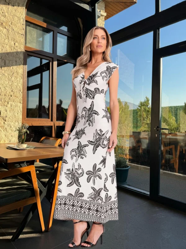 Quintess-  Vestido Folhagem Barrada em Malha de Viscose-3819141